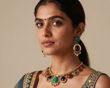 Professional studio portrait of a South Asian female designer with a creative look, wearing stylish accessories, neutral beige background.