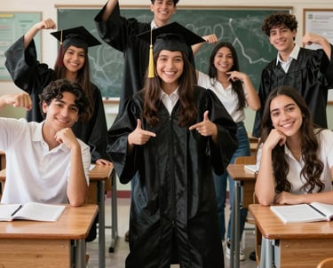 A joyful group of students posing together in a colorful photo booth with props.