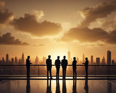 A confident man and woman standing together, smiling with a city skyline behind them at sunset.