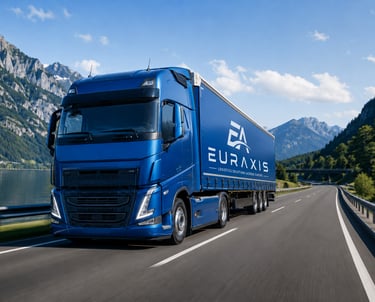 EURAXIS krovininis vilkikas kalnų kelyje – patikimas tarptautinis krovinių transportavimas  EN: