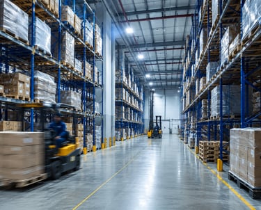 Modernus logistikos sandėlis su krautuvu – krovinių sandėliavimas ir distribucija