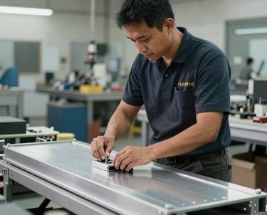 Seorang anggota tim pria Asia Tenggara yang menggunakan alat pelindung diri sedang merakit rangka lemari aluminium di bengkel yang modern.