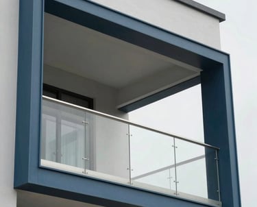Pintu aluminium geser besar dengan bingkai biru gelap tipis yang menghadap ke balkon, menunjukkan gaya arsitektur modern yang bersih.