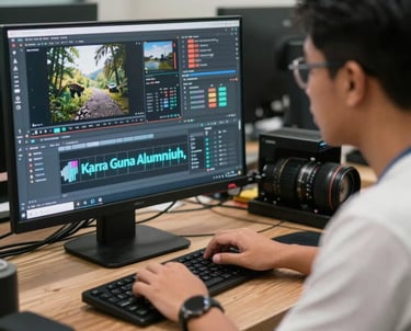 Anggota tim kreatif pria Asia Tenggara sedang mengedit video pendek di komputer untuk kampanye media sosial Karya Guna Aluminium.