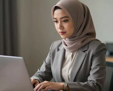 Seorang anggota tim wanita Asia Tenggara yang profesional sedang mengelola akun media sosial di laptop, dengan latar belakang rak aluminium yang estetik.