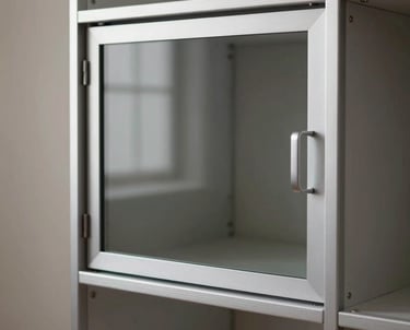 Foto produk lemari pakaian aluminium minimalis dengan pintu geser kaca buram, berdiri di ruang pamer bergaya Skandinavia yang bersih.