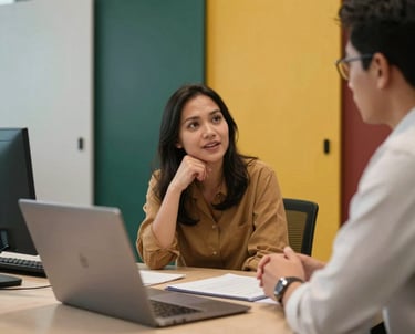 Seorang arsitek wanita Asia Tenggara sedang berdiskusi dengan klien di depan sampel profil aluminium berbagai warna di kantor yang modern.
