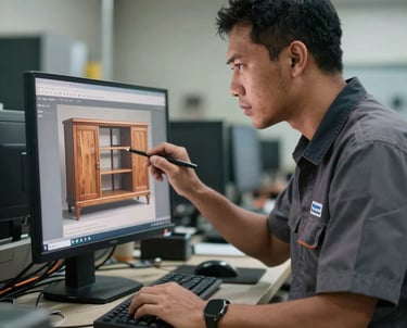 Potret kepala bengkel pria Asia Tenggara yang mengenakan seragam profesional, sedang memeriksa desain furnitur di layar monitor di area bengkel yang rapi.