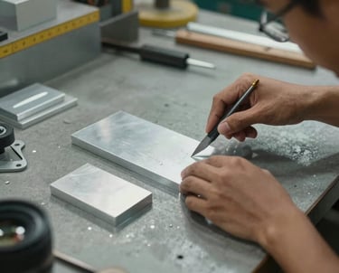 Seorang pengrajin ahli sedang mengukur potongan aluminium dengan teliti di meja kerja bengkel yang tertata rapi.