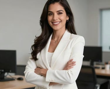 A portrait of a confident woman in a professional white outfit, smiling in a clean and minimal workspace. South American / Mexican context.