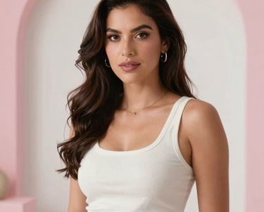 A professional portrait of a woman with an elegant, modern look, standing in a bright studio with soft pink accents. South American / Mexican context.