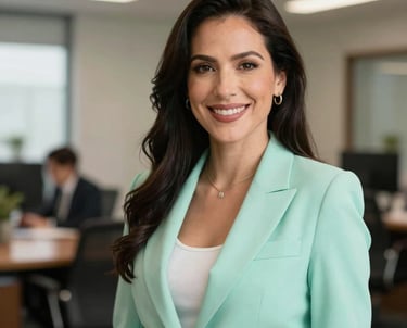 A professional portrait of a woman in a stylish mint green blazer, smiling warmly in a bright office. South American / Mexican context.