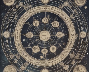 A symbolic astrological chart overlaid on a starry cosmic background.