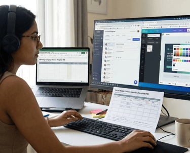 A photo-realistic image of a young woman working at a modern, sunlit desk with a laptop and a second