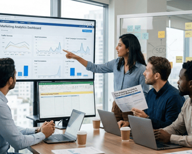 A photo-realistic scene in a bright, professional office where a diverse marketing team of three is