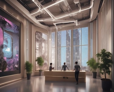 An abstract visualization of an evolving narrative path illuminated softly against a dark background.