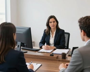 Professional lawyer consulting with clients about legal documents in an office setting.