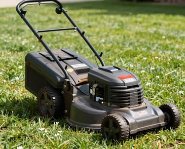 A freshly mowed green lawn with neat edges under a bright sunny sky.