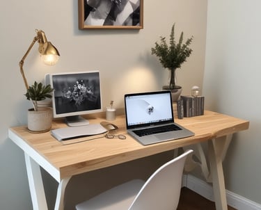 A friendly freelancer working on a laptop in a cozy workspace with a small local café visible outside the window.