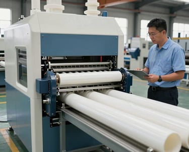 Technicians inspecting and fine-tuning advanced plastic processing machinery.