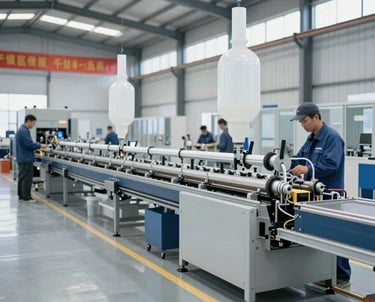 Detailed shot of a fully assembled PVC production line in a bright industrial facility.