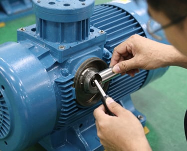 Technician inspecting a large industrial motor in a factory setting.