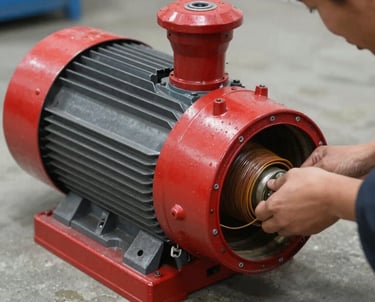 Close-up of industrial motor coils during the rewinding process.