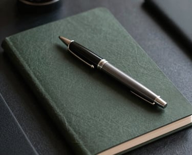 Clean, dark workspace with a professional notebook and high-end pen, minimalist South American executive style, dark sustainability vibe.