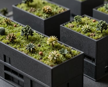Moody macro shot of a charcoal-colored architectural model featuring sustainable green roofs, high-end photography, sophisticated dark lighting.