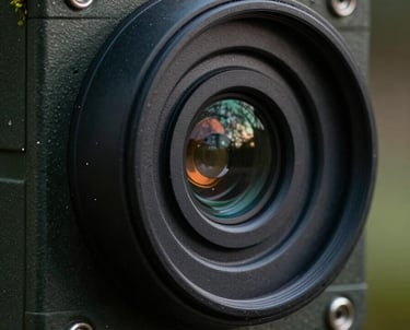 Conceptual close-up of a high-tech environmental monitoring sensor, dark industrial design, black and dark moss green tones, professional photography.