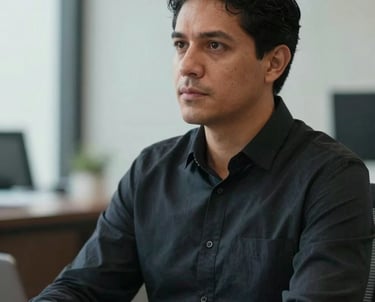A professional environmental engineer in a South American / Latin American corporate office setting, focused expression, minimal dark attire, sophisticated background.
