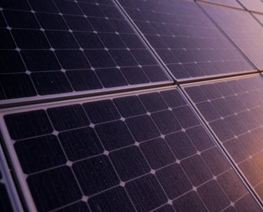 Abstract detail of a modern solar panel array at twilight, deep black and violet reflections, powerful industrial sustainability concept.