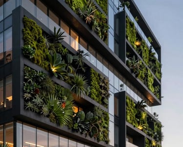 Atmospheric architectural view of a sustainable modern building in South America at dusk, showcasing black glass and dark moss green vertical gardens, sophisticated lighting.