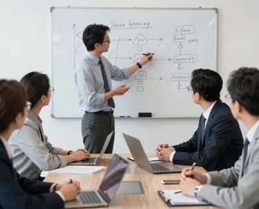 A collaborative workshop scene with diverse professionals brainstorming around a table.
