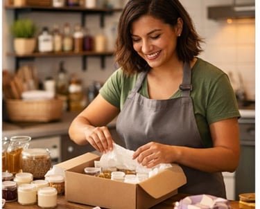 A woman small business owner packing up products to sell.