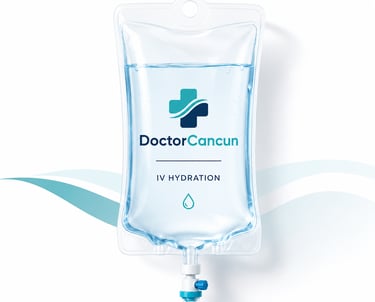 A medical IV hydration drip bag labeled Doctor Cancun with blue vitamin liquid against a white background.