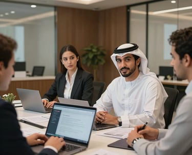 A sleek, modern office workspace with a laptop displaying a digital marketing dashboard and creative branding materials spread out.
