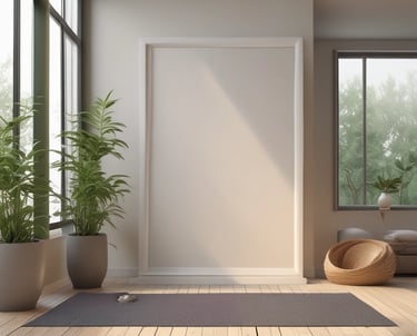 A cozy living room with stylish décor, a yoga mat rolled out nearby, and a wardrobe rack filled with trendy clothes.