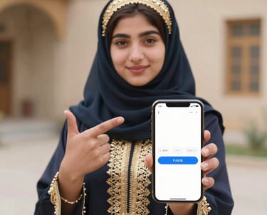 A smiling customer using a smartphone to book a service on the KarigarPro app.
