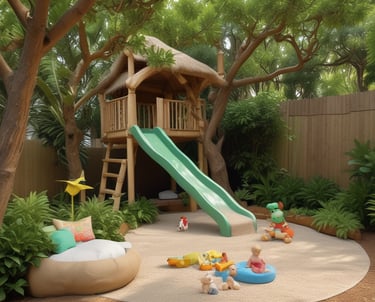 Children exploring a garden with magnifying glasses under bright sunlight.