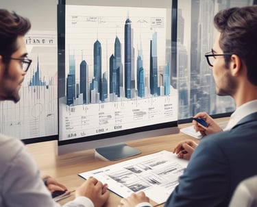 A professional consultant discussing Dubai property options with clients in a modern office setting.