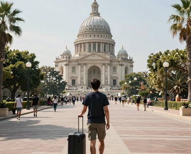 A traveler reading a detailed map in a bustling foreign market.