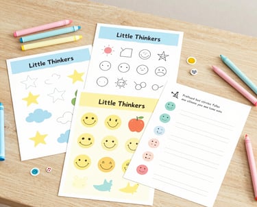 A cheerful child coloring with crayons surrounded by playful educational tools.