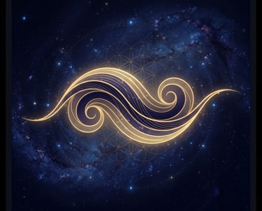 Abstract golden swirl with sacred geometry lines against a deep blue galaxy and starry space background.