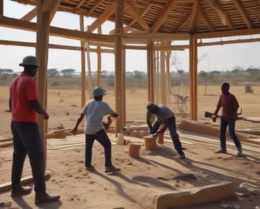 A group of diverse builders and community members planning a neighborhood project outdoors.