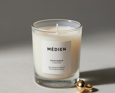 Minimalist photography of a premium scented candle and a golden jewelry piece. Clean, elegant layout with soft shadows.