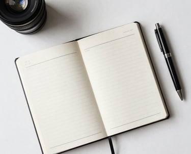 Top-down photography of a stylish personal planner and a designer pen on a white desk. Minimalist and professional style.