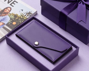 Photography of an elegant gift arrangement including a lifestyle magazine and a minimalist leather accessory. Clean composition with deep purple and light lilac highlights.