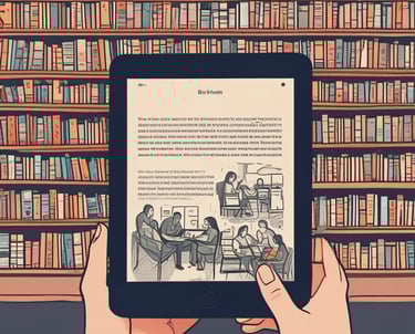 A cozy reading nook with a tablet displaying the ez reads ebook store homepage, surrounded by colorful book covers.