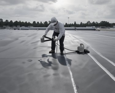 Technician repairing a metal roof on a large agricultural barn under clear skies.